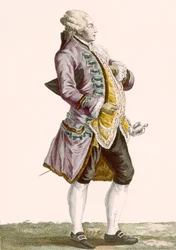 Caballero con culotte y casaca con faldones, grabado por Dupin, lámina n.º 71 de «Galeries des Modes et Costumes Français», 1789